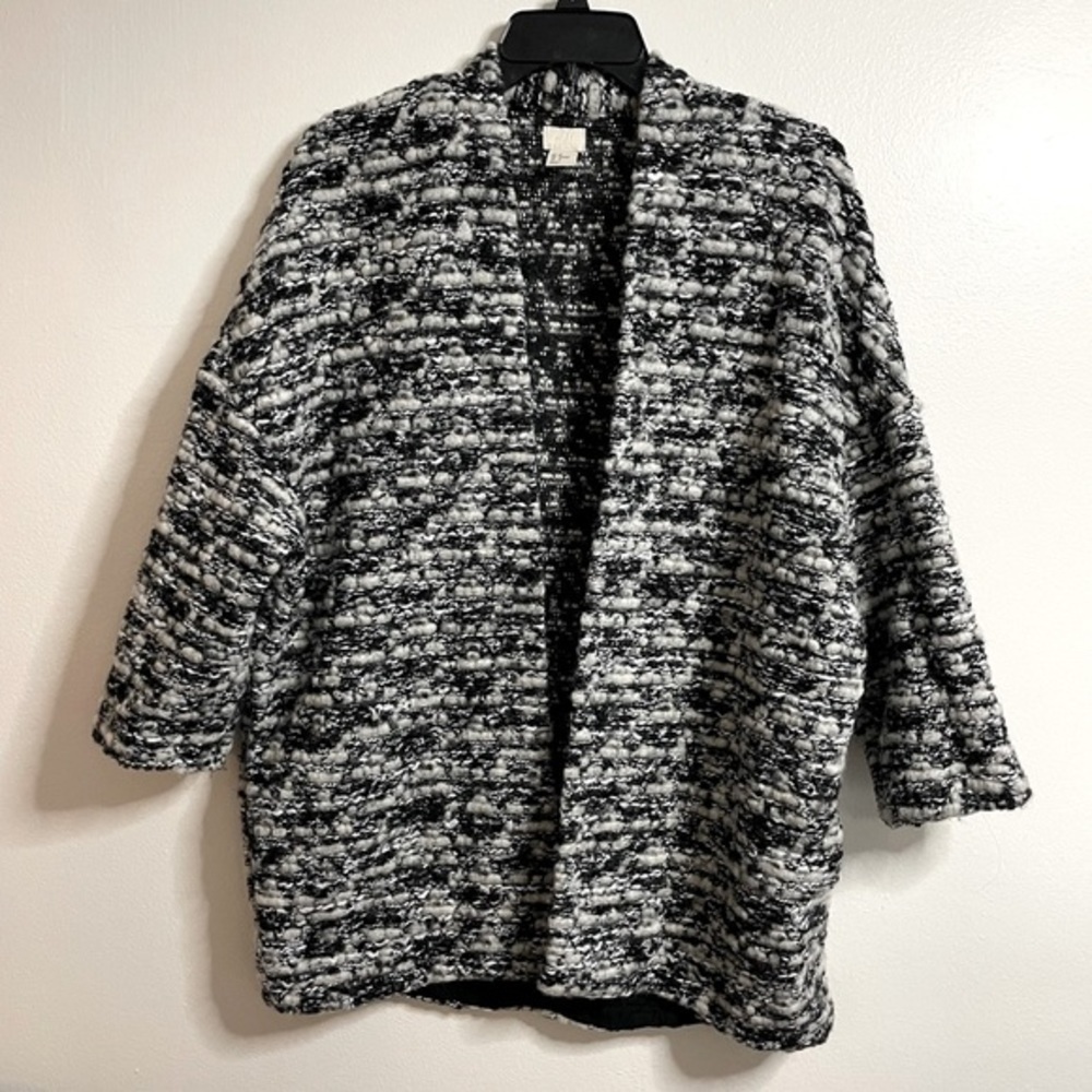 H&M Women’s Cardigan Open Front Black & White Wool Blend Nubby Sweater Size Med - Picture 4 of 11
